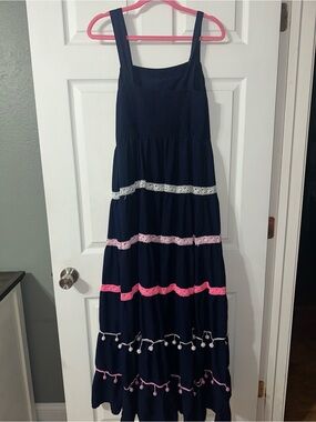 Women’s Crown and Ivy Navy Tiered Maxi Dress with Pink & White Trim
